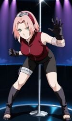 ai ai_generated anime_style bike_shorts female glove green_eyes jonnahill looking_at_viewer naruto_shippuden pink_hair sakura_haruno self_upload squatting tagme toeless_footwear