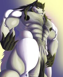 abs absurd_res anthro balls barazoku biceps big_muscles big_penis browncatfe canid canine canis clothed clothing digital_media_(artwork) domestic_dog fur genitals hair hi_res huge_penis humanoid_genitalia humanoid_penis liamwarlock_(browncatfe) looking_at_viewer male mammal muscular muscular_anthro muscular_male nipples nordic_sled_dog nude pecs penile penis simple_background solo spitz tail wolf