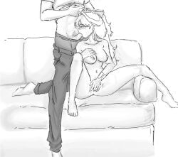 blowjob bow bow_ribbon clothed_male_nude_female couch couch_sitting fanart fellatio fennytanyl fingering fingering_pussy fingering_self greyscale holding_breast image kono_yuusha_ga_ore_tueee_kuse_ni_shinchou_sugiru legs_apart masturbating_during_fellatio masturbation nsfw oral oral_sex ristarte_(kono_yuusha_ga_ore_tueee_kuse_ni_shinchou_sugiru) ryuuguuin_seiya sofa