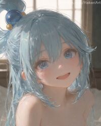 2025 :d ai_assisted ai_generated aqua_(konosuba) artist_name bangs bare_shoulders bath blue_eyes blue_hair blurry blurry_background collarbone female hair_between_eyes hair_ornament hair_rings hakariart high_quality high_res high_resolution highres indoors kono_subarashii_sekai_ni_shukufuku_wo! konosuba long_hair looking_at_viewer nude open_mouth patreon portrait smile solo stable_diffusion water watermark window