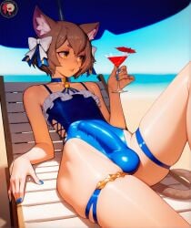 1boy ai_generated balls bare_arms bare_legs bare_shoulders bare_thighs beach big_penis brown_hair bulge cat_ears cat_tail catboy color drink felix_argyle hi_res light-skinned_female light_skin male male_focus male_only ramwam re:zero_kara_hajimeru_isekai_seikatsu sand sea short_hair solo solo_male swimsuit thick_thighs water