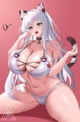 animal_ears artist_logo bell bikini black_choker breasts cat_ears cat_tail character_request choker cleavage commission copyright_request eyelashes female grey_eyes highres large_breasts lips logo mad_kimo navel neck_bell open_mouth paw_print pink_background shadow side-tie_bikini_bottom solo sweat swimsuit tail white_bikini white_hair