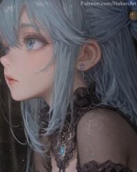 2025 ai_assisted ai_generated aqua_(konosuba) artist_name blue_eyes closed_mouth earrings female gem hakariart jewelry kono_subarashii_sekai_ni_shukufuku_wo! konosuba lips long_hair looking_at_viewer necklace nose patreon red_lips silver_hair solo stable_diffusion watermark