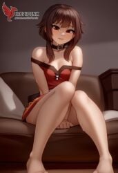 1girls 2d ai_generated ass back bare_shoulders barefoot big_ass bra brown_hair collar erophoenix female female_focus full_body kono_subarashii_sekai_ni_shukufuku_wo long_hair looking_at_viewer megumin pale_skin pale_skinned_female panties patreon_username red_eyes short_hair sitting small_breasts smile soles solo thick thick_thighs uncensored underwear