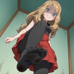 1girls ai_generated black_legwear black_tights blue_eyes brown_hair clothed dirty_feet feet female female foot_fetish foot_focus imminent_stomp leggings non-nude pixai pokemon pokemon_xy red_skirt serena_(pokemon) skirt smile tights