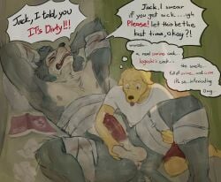 2025 absurd_res after_masturbation after_orgasm animal_genitalia animal_penis anthro anthro_on_anthro anus areola ball_grab balls bandage beastars bed big_balls big_muscles big_penis bird_dog blep blush bodily_fluids bottomwear bruised canid canine canine_genitalia canine_penis canis closed_eyes clothed clothed/nude clothing cum cum_on_penis cum_on_self dialogue domestic_dog duo english_text erection eyebrows fanofthefurr fur furniture genital_fluids genitals hand_on_balls hand_on_head hi_res hunting_dog inside jack_(beastars) kneeling labrador legoshi_(beastars) lying magazine male male/male mammal motion_blur motion_lines muscular muscular_anthro muscular_male musk nipples nude on_back on_bed open_mouth penis pillow porn_magazine pornography retriever sheath shirt shorts simple_background size_difference sweat tail tail_motion tailwag teeth text thought_bubble tissue tongue tongue_out topwear tuft uneven_balls wolf