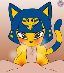 absurd_res animal_crossing ankha_(animal_crossing) anthro areola big_breasts blue_hair breasts cat_tail duo egyptian felid feline fellatio fellatio_pov female first_person_view fur genitals hair hi_res human human_on_anthro interspecies looking_at_viewer male male/female mammal nintendo nipples oral penile penis pov_blowjob sex short_hair sirjzau tan_body yellow_body yellow_fur