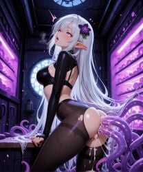 ahe_gao ai_generated anal anus ass bangs black_bra black_legwear black_pantyhose blush bra breasts buccha clothing cum cum_in_ass cum_in_pussy elf female female female_only flower from_behind genital_fluids hair_flower hair_ornament heart heart-shaped_pupils indoors large_breasts legwear long_hair long_sleeves looking_back medium_breasts nakadashi night nipples open_mouth original overflow pantyhose pink_eyes pointy_ears purple_eyes rolling_eyes saliva semen sex solo symbol-shaped_pupils tentacle tentacle_sex thighband_pantyhose thighhighs thighs tongue tongue_out torn_clothes torn_legwear torn_pantyhose vagina vaginal_juices vaginal_penetration very_long_hair white_hair