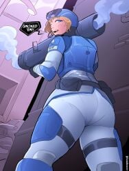 1girls 2d 2d_(artwork) absurd_res absurdres armor armored_female ass ass_bigger_than_head ass_focus blonde_hair clothed clothed_female curvy curvy_female female helldivers helldivers_2 high_resolution highres hips hips_wider_than_shoulders huge_ass huge_thighs looking_at_viewer looking_back looking_down pantylines saladbearer sci-fi seaf-chan seaf_soldier_(helldivers) short_hair speech_bubble tactical_gear text thick thick_legs thick_thighs tight_clothes tight_clothing tight_pants wide_hips wink winking_at_viewer