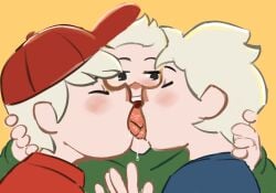 blonde_hair blue_shirt brother brother_(lore) brothers brothers_kissing buttsupreme dewey_duck ducktales ducktales_(2017) eyes_closed gay gay_incest gay_kissing gay_male green_shirt hand_behind_another's_head huey_duck humanized incest incest_(lore) kissing louie_duck no_visible_genitalia orange_background red_cap red_shirt saliva tongue tongue_kiss tongue_out yaoi young