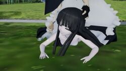 2girls 3d black_hair captured female gag gagged improvised_gag kaguya_houraisan long_hair marisa_kirisame pavro touhou yuri