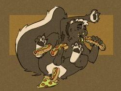 4:3 anthro black_body black_fur bowl censored claws container creative_censorship erection food food_fetish food_on_face food_play foreskin fur genitals hair hot_dog humor joke looking_at_viewer male mammal mephitid name_tag nude obrien_(artist) penis pizza skunk solo striped_body stripes submissive submissive_male text tools uncircumcised white_body white_fur