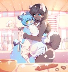 1boy 1girls anthro_on_anthro apron ass bear big_ass big_breasts blue_eyes blush breasts bulge canine caress clothes detailed_background erection female female_anthro femboy femboy_on_female girly green_eyes hetero hi_res hug huge_ass huge_breasts icing kemono larger_female male male/female male_anthro male_anthro/female_anthro mammal missaka nude precum size_difference straight