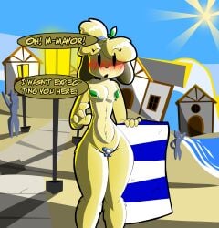 animal_crossing background background_character background_characters beach beach_towel clever_censor covered_breasts covered_nipples covered_pussy flower furry furry_only isabelle_(animal_crossing) leaves leaves_in_hair leaves_on_body leaves_on_breasts mrartist2005 naked naked_female nude nude_beach nude_female ocean ocean_background rimlight sunlight sunlight_rays