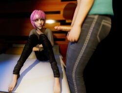 1boy 3d awkward barefoot bedroom blue_eyes brother_and_sister cgi couple feet female incest indoors jeans male on_bed original_character penis penis_out pink_hair shy siblings sitting sweater