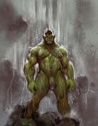 balls biceps big_penis crona crona_(artist) cronart flaccid genitals glans green-skinned_male green_arms green_balls green_body green_chest green_fingers green_hands green_head green_legs green_nipples green_penis green_skin hair hi_res humanoid male male_humanoid male_only muscular muscular_humanoid muscular_male naked naked_male navel nipples not_furry nude nude_male orc orc_male pecs penis raining red_eyes solo solo_male standing thick_penis tusks