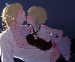 1boy absurdres black_shirt blonde_hair blush breasts closed_eyes djinchnizhnsh1 feather_hair_ornament feathers female genshin_impact hair_between_eyes hair_ornament highres kaveh_(genshin_impact) long_hair lumine_(genshin_impact) nipples open_clothes open_mouth open_shirt penis scar sex shirt shorts uncensored white_shirt white_shorts yellow_eyes