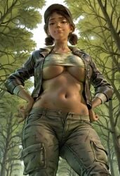 1girls ai_generated baseball_cap belly_button breast_squish breasts brown_hair civitai clementine_(the_walking_dead) clothed clothing exposed_torso female female_focus female_only forest hands_on_hips hat headwear jacket large_breasts light-skinned_female light_skin looking_at_viewer looking_down medium_hair navel outdoors outside pants shirt_lift shirt_up slim_waist the_walking_dead the_walking_dead:_the_final_season the_walking_dead_game thick thick_legs thick_thighs thighs unbuttoned unbuttoned_pants underboob