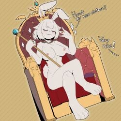 1girls 2024 2d absurd_res anthro blush breasts bunny_ears bunny_girl closed_eyes color confident crossed_legs crown dialogue english_text female female_only fur furry headgear hi_res holding_object holding_scepter jewelry necklace nipples nude nude_female oblivious original original_character ring royalty scepter sillybunny9623 sitting solo solo_female text the_emperor's_new_clothes throne unaware white_body white_fur