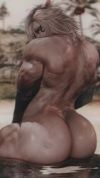 1boy animal_ears bara barazoku big_ass big_butt big_thighs bitch_bara bite_mark bite_marks catboy child_bearing_hips femboy gay muscular_male seclorum_(artist) white_hair yaoi