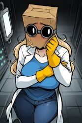 1girl blonde_hair blue_shirt cleavage dr._flug_(villainous) embarrassed goggles indoors labcoat laboratory paper_bag_mask rule_63 sweating tight_pants villainous yellow_gloves