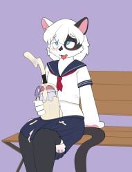absurd_res anonymous_artist anthro asian_clothing balls bench big_balls big_penis black_body black_fur blue_eyes blush bodily_fluids clothing container cum cum_inside cumming_from_straw cumming_from_urethra cup disposable_cup domestic_cat drinking_straw east_asian_clothing ejaculation erection felid feline felis fur genital_fluids genitals hi_res japanese_clothing japanese_text long_socks male mammal meko milk moan multicolored_body navel nervous park_bench penetration penis school_uniform solo straw_in_penis text uniform urethral urethral_penetration white_body white_fur