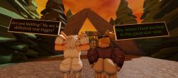 2girls 3d artist_request ass big_ass blonde_hair blox_cards clothed comparing comparing_asses crown dialogue english_text forest forest_background iris_(blox_cards) outdoors priestess_zanzel roblox roblox_game robloxian source_request tagme text white_hair zanzel zanzel_(blox_cards)