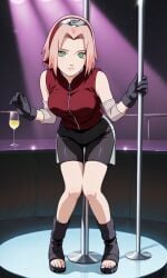 1girls ai_generated anime_style bent_over bike_shorts breasts female full_body glove green_eyes jonnahill knees_together_feet_apart looking_at_viewer naruto naruto_(series) naruto_shippuden pink_hair sakura_haruno self_upload short_hair solo squatting standing stripper_pole tagme toeless_footwear