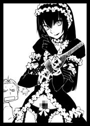 2boys androgynous canon_crossdressing censored crossdressing femboy girly gothic_lolita lolita_fashion maid md5_mismatch monochrome moyashimon panties penis testicles trap underwear yurikawa yuuki_kei