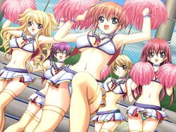 ashigara_katsumi blonde_hair cheer_moe cheerleader erect_nipples furutaka_ryou game_cg haguro_risa kimegasa_kiyomi long_hair panties purple_hair red_hair takao_keiko thighhighs underwear