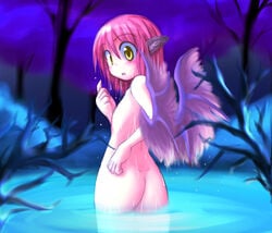 animal_ear ass bare_tree des from_behind mystia_lorelei nude pink_hair short_hair solo touhou tree wading water wet wings yellow_eyes