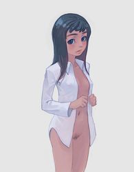 black_hair blue_eyes character_request dress_shirt female human long_hair naked_shirt nude original pubic_hair shirt solo uncensored weno