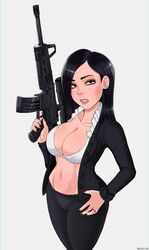 1girls big_breasts black_hair bra breasts brown_eyes clothed clothing dana_loesch earring female female_only gun human jewelry large_breasts long_hair looking_at_viewer navel nra pants real_person rifle ring shadman shirt solo standing weapon