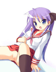 blue_eyes censored kagami_hiiragi lucky_star no_panties purple_hair pussy safi school_uniform serafuku