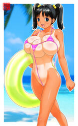 3_breasts bathing_suit beach black_hair green_eyes innertube machino_henmaru multi_breast sling_bikini solo swimsuit