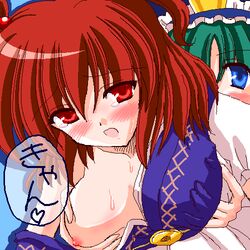 blush breast_grab breasts eiki_shiki female green_hair komachi_onozuka lowres multiple_girls nipples oekaki red_hair reverse_noise touhou translated yamu_(reverse_noise) yuri