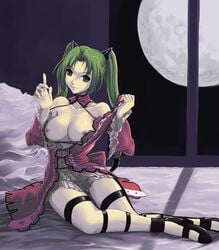 1girls arala_cran bed breasts cross dress female full_moon green_eyes green_hair high_heels legs long_hair moon naughty_face night night_sky nipples no_bra open_clothes open_shirt pillow pleated_skirt pointing shadow shikigami_no_shiro shikigami_no_shiro_ii shirt shoes sitting skirt sky smile solo thigh_gap thigh_strap tied_hair twintails undressing very_long_hair window