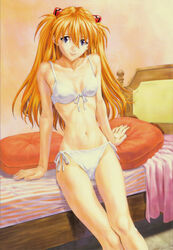 1girls anorexia asuka_langley_sohryu bed bra breasts female front-tie_top gainax hair highres human izurumi light-skinned_female light_skin lingerie long_hair neon_genesis_evangelion orange_hair panties pillow purple_eyes side-tie_panties sitting skinny small_breasts smile underwear white_panties