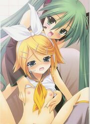 2girls blonde_hair blue_eyes blush breast_grab breasts detached_sleeves female flat_chest green_eyes green_hair hatsune_miku headphones highres himukai_kyousuke kagamine_rin long_hair moire multiple_girls necktie nipples ribbon scan shirt_lift short_hair spread_legs studio_himawari thighhighs tied_hair twintails vocaloid yuri