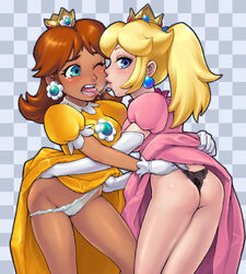 2girls ass ass_grab black_panties blackwashed blonde_hair blue_eyes blush brown_hair crown dark_skin dress dress_lift earrings elbow_gloves fake_png female female_only gloves hat human jewelry kissing lace lace-trimmed_panties long_hair mario_(series) multiple_females nintendo panties panty_pull pey ponytail princess princess_daisy princess_peach saliva saliva_trail skin_contrast skirt skirt_lift straight_hair tan thong tied_hair underwear wedgie white_panties wink yuri