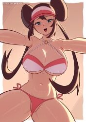 1girls big_breasts bikini blue_eyes blush breasts brown_hair cap cleavage collarbone female hair_buns hat hips huge_breasts large_breasts light-skinned_female light_skin long_hair looking_at_viewer midriff navel nintendo open_mouth pokemon pokemon_bw2 pov rosa_(pokemon) satelyte sidelocks smile spread_arms teasing teasing_viewer textless thighs twin_buns twintails viewed_from_below visor visor_cap