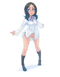 black_hair bottomless brown_eyes character_request dress_shirt female footwear glasses human long_hair naked_shirt original pubic_hair shirt simple_background socks solo standing uncensored weno