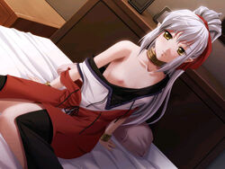 breasts dutch_angle elf game_cg happy kuraki_hiro neifa nipple_slip nipples pointy_ears shimai_ningyou sitting white_hair yellow_eyes