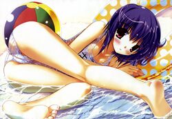 barefoot beach beach_ball bent_over blush cameltoe feet female game_cg hazuki_sakura highres innertube legs name_tag on_side one-piece_swimsuit pastel_(game) purple_hair pussy red_eyes school_swimsuit see-through soles solo submerged swimsuit toes water wet_clothes white_school_swimsuit yuki_usagi