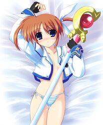 1girls bed blue_eyes blush brown_hair cameltoe female fingerless_gloves flat_chest gloves hair_ribbon johnny_(artist) johnny_(from_scratch) lying lyrical_nanoha mahou_shoujo_lyrical_nanoha mahou_shoujo_lyrical_nanoha_a's no_bra on_back open_clothes open_shirt panties purple_eyes pussy_juice raising_heart ribbon shirt side-tie_panties solo staff striped striped_panties takamachi_nanoha tied_hair twintails underwear