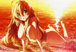 1girls blonde_hair breasts crease dies_irae female g_yuusuke highres long_hair margueritte_breuil nipples nude scan solo sunset water