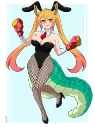 big_breasts blonde_hair boxing boxing_gloves breasts bunnygirl bunnygirl_outfit bunnysuit dragon dragon_girl dragon_horns dragon_tail fishnets high_heels huge_breasts miss_kobayashi's_dragon_maid smile tohru_(dragon_maid) twintails