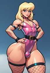 1boy ai_generated big_ass blonde_hair body buldge eyelashes femboy femboyarashi fishnets girly hands_on_hips huge_ass looking_at_viewer male narrow_waist penis_under_clothes small_waist thick_legs thick_thighs