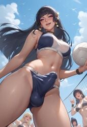 1futa 2d ai_generated armpits background_character balls balls_in_panties bare_shoulders beach big_penis bikini black_hair blue_eyes blush bracelet bulge choker day dead_or_alive earrings erect_penis erection erection_under_clothes from_below futanari hair_ornament hime_cut holding_object hourglass_figure light-skinned_futanari light_skin long_hair looking_at_viewer looking_down medium_breasts narrowed_eyes navel nyotengu open_mouth outdoors pale_skin panties penis_shaped_bulge penis_under_clothes santopati self_upload skimpy skindentation slim_waist smile smug solo solo_focus sports_bikini sports_bra standing sweat sweating thick_thighs volleyball volleyball_(ball) volleyball_net wide_hips