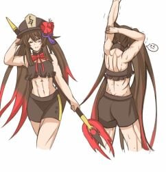 abs alternate_body_size ass bikini brown_hair female genshin_impact hu_tao_(genshin_impact) muscular muscular_back muscular_female red_eyes staff_of_homa_(genshin_impact) stretching sweat toned_female wink yukiart_83